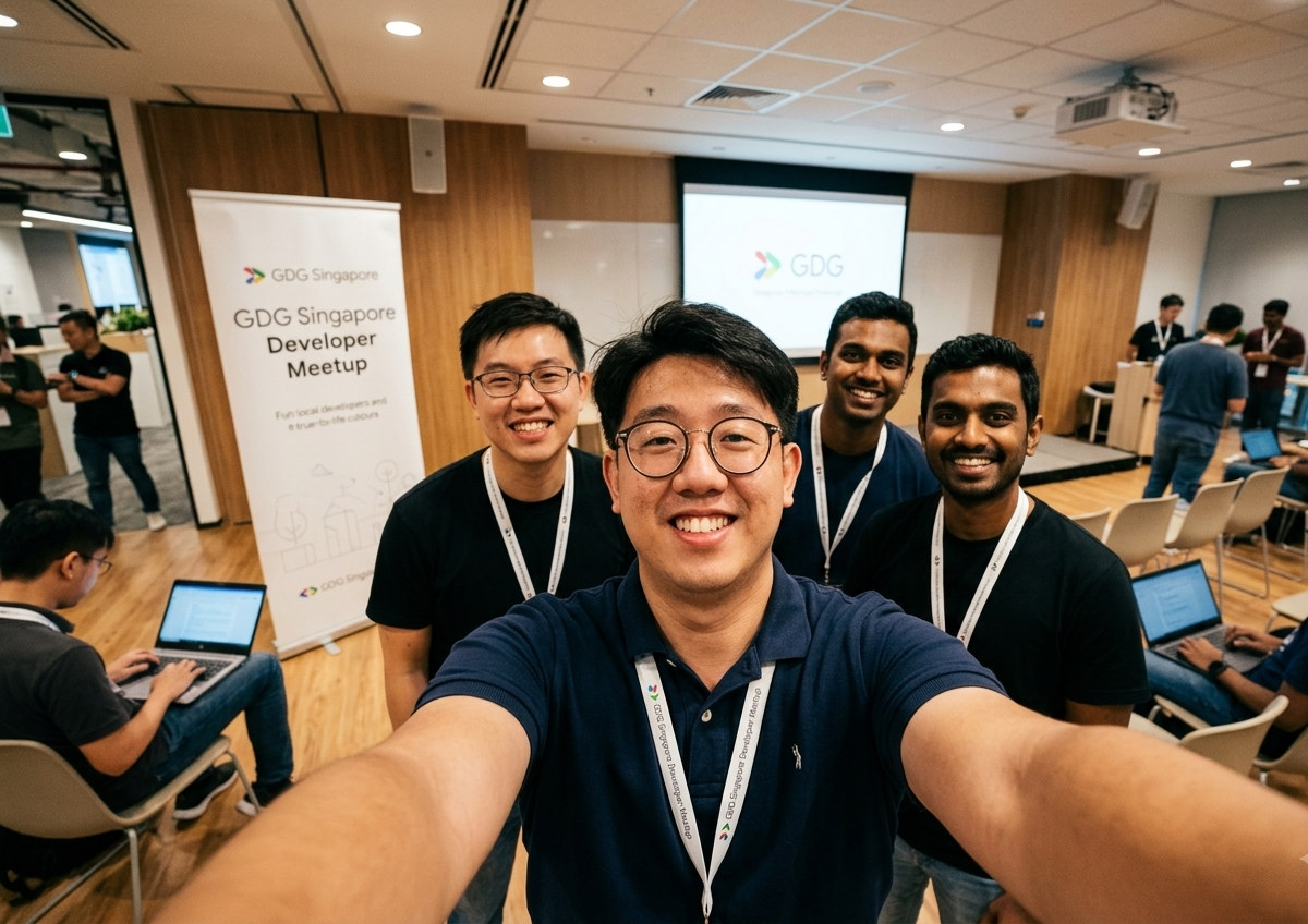 Eugene with fellow developers at a Google Developer Group meetup in Singapore