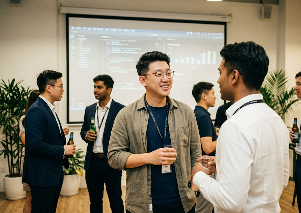 Eugene talking with another developer at a Singapore tech meetup