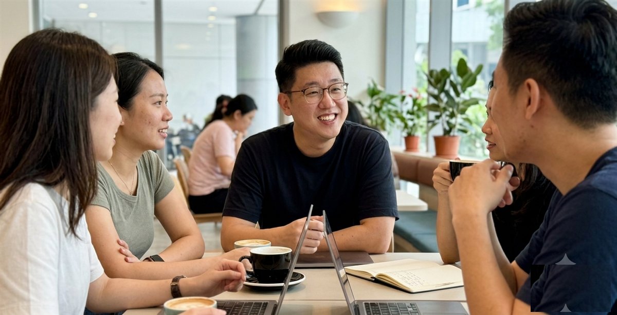 A recruitment team meeting over coffee in a Singapore office