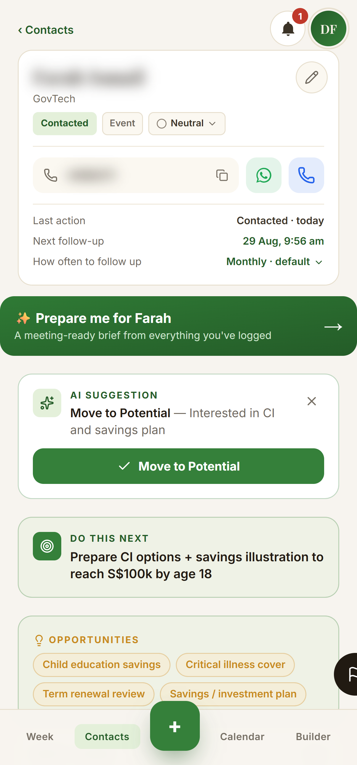 A contact in uWealth — an AI meeting brief, the next best action and live opportunities