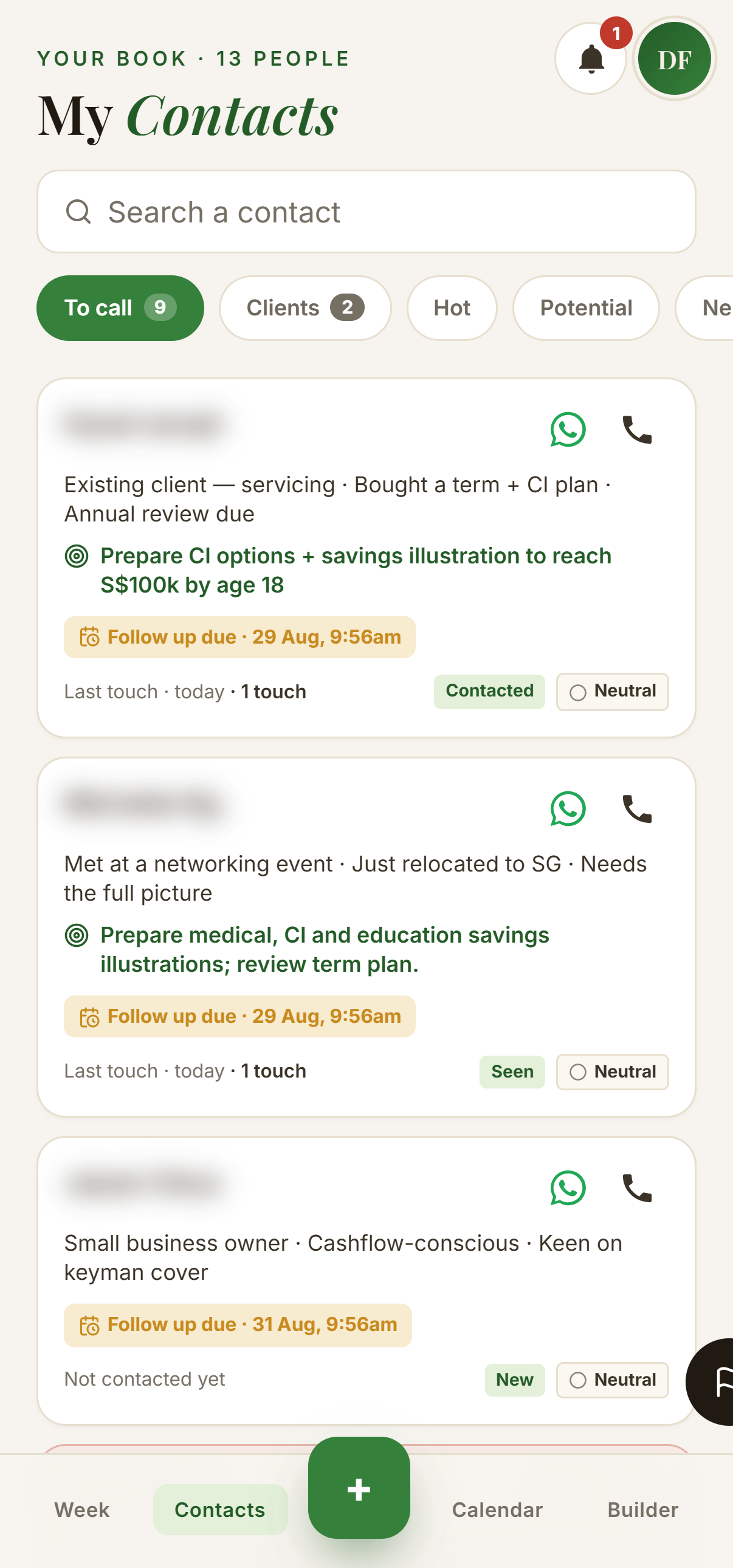 The uWealth contact book — tagged Hot, Potential and To-call