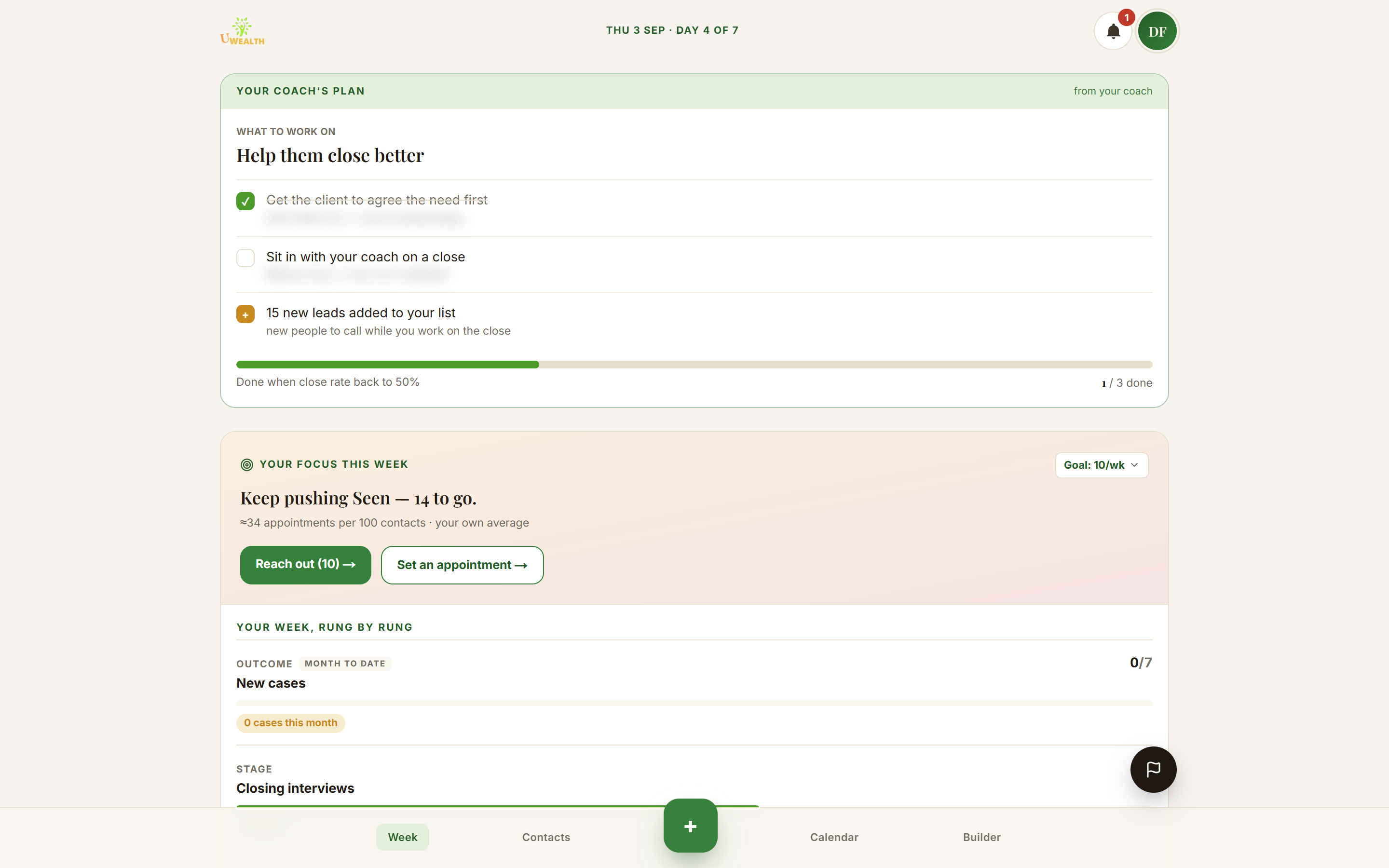 uWealth home — a coach's plan for the day and this week's focus, on one screen